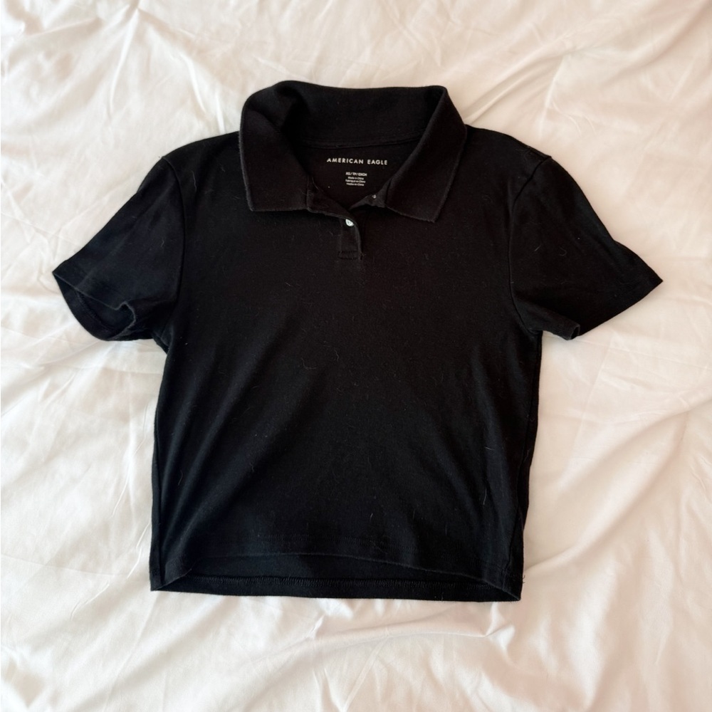 American Eagle Black Cropped Polo Top Size XS